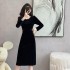 Real shot of a socialite style slim fit straight tube velvet dress for women in autumn, exuding a sense of luxury and slimming, revealing the waist, mid length skirt, size 5899