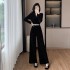 Autumn new V-neck rhinestone style slimming gold velvet jumpsuit women's belt 9583