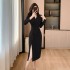 Suit collar, high-end style dress, women's 2024 autumn new collection, waist cinching and slimming, fashionable slit skirt trend 5965