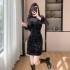 Real shot mesh patchwork sequin dress for women, French style, light luxury, sexy, waist hugging banquet dress, hip hugging black dress 5973