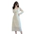 2024 autumn new French style fashionable waist cinching slimming temperament pleated V-neck lace long sleeved dress 5931