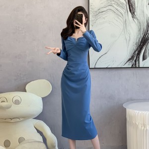 Actual shooting of 2024 new autumn women's clothing temperament dress with pleats and hips, slimming long skirt 5929