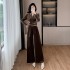 Internet celebrity popular velvet suit with high-end V-neck and slimming short top, wide leg pants 9565