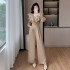 V-neck splicing double-layer ruffled edge waistband, high waist straight tube slimming jumpsuit for women 9582