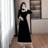 Classic retro square neck waist heavy black dress winter long patchwork skirt 9625