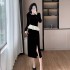 Color blocking long sleeved base, slim fit, hip hugging two-piece set, gold velvet pearl collar set 9610