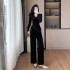 Paired with a complete set of women's gold velvet long sleeved top, casual wide leg pants, slimming two-piece set 9561