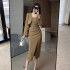 Real shooting of autumn new style French slit sexy suspender mid long dress long sleeved jacket two-piece set 8702