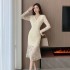 Realistic photo of slim fit and sexy lace V-neck dress with a French style base for women, fish tail wrapped skirt 5810