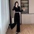 Autumn new V-neck rhinestone style slimming gold velvet jumpsuit women's belt 9583