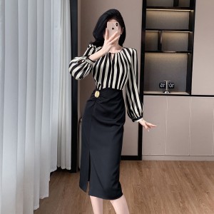 Elegant and sophisticated striped fake two-piece spliced long sleeved dress with slimming effect and hip hugging design 9573