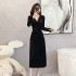 Texture velvet long dress with waist cinching and slimming effect, exuding a sense of detachment and old-fashioned style. Black ankle length dress 5913