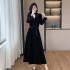 New retro black temperament V-neck velvet top+high waisted skirt two-piece set 9553