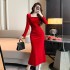 Hot pressed velvet dress for women, 2024 autumn and winter new high-end light luxury square neck French temperament hip hugging dress 5922