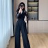 Temperament goddess style black jumpsuit with wide leg design, lace patchwork jumpsuit 8729