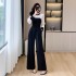 New high-end customized temperament French splicing slimming and height enhancing wide leg jumpsuit 8703