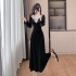 Chic lace V-neck velvet dress with French waist cinched A-line long skirt, fixed color without fading 6913