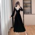 Chic lace V-neck velvet dress with French waist cinched A-line long skirt, fixed color without fading 6913