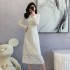 2024 autumn new French style fashionable waist cinching slimming temperament pleated V-neck lace long sleeved dress 5931