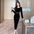 Real time shooting of new sexy mesh splicing slit light luxury velvet dress, slimming mid length long sleeved skirt 3913