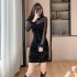 Real shot mesh patchwork sequin dress for women, French style, light luxury, sexy, waist hugging banquet dress, hip hugging black dress 5973