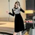 Black gold velvet dress for women in winter, new Chinese style buttoned ink painting printed small qipao skirt 5917