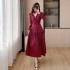 Realistic photo of 2024 autumn new satin goddess slimming temperament dress with rose necklace 5999