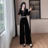 Golden velvet V-neck hot stamping diamond fashionable waist cinching and slimming wide leg jumpsuit for women 9587 comes with a belt as a gift