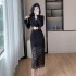 Design sense, socialite temperament, commuting suit collar, patchwork lace hip hugging dress 9623