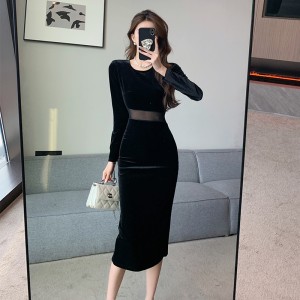 Real time shooting of new sexy mesh splicing slit light luxury velvet dress, slimming mid length long sleeved skirt 3913