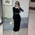 Real time shooting of new sexy mesh splicing slit light luxury velvet dress, slimming mid length long sleeved skirt 3913