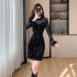 Real shot mesh patchwork sequin dress for women, French style, light luxury, sexy, waist hugging banquet dress, hip hugging black dress 5973