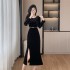 Elegant temperament, nail bead wrapped buttocks skirt, split fish tail velvet dress, 9627, with belt included