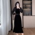 Black long sleeved dress, evening gown, light luxury, high-end feeling, socialite waist cinched long skirt 6907