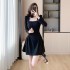 Realistic photo of 2024 autumn new French style black dress with slimming temperament dress paired with rose necklace 8301