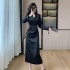 National style new Chinese style buckle small V-neck waist slimming dress 2024 autumn new black dress 8705