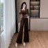 Internet celebrity popular velvet suit with high-end V-neck and slimming short top, wide leg pants 9565