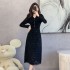 2024 autumn new French style fashionable waist cinching slimming temperament pleated V-neck lace long sleeved dress 5931