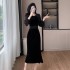 Black long sleeved dress, evening gown, light luxury, high-end feeling, socialite waist cinched long skirt 6907