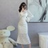 2024 autumn new high-end V-neck long sleeved lace dress with hollowed out slim fit and high waist, slimming long skirt 5833