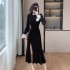 French style velvet dress with a delicate touch, slimming black banquet dress 9662