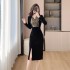 Realistic photo of 2024 autumn new sequined dress dress, socialite style slim fit and slimming gold velvet temperament dress 5955