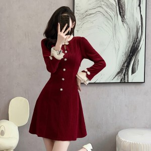 Real time shooting of new style Chinese style buckle waist slimming splicing trumpet sleeves sweet anti-aging dress for women 5896