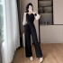 Temperament waist cinching black chiffon wide leg pants fashionable slimming jumpsuit for women 9562