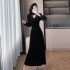 Autumn French Hepburn style lace lace patchwork waist cinching velvet dress 9626