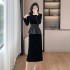 French Hepburn style dress, banquet evening dress, waist cinched black velvet two-piece set 9620