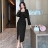 Real shooting of autumn new style French slit sexy suspender mid long dress long sleeved jacket two-piece set 8702