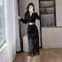 Design sense, socialite temperament, commuting suit collar, patchwork lace hip hugging dress 9623