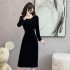 Real shot of a socialite style slim fit straight tube velvet dress for women in autumn, exuding a sense of luxury and slimming, revealing the waist, mid length skirt, size 5899