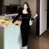 Real time shooting of new retro square neck gold velvet dress, women's tight fitting dress, autumn and winter mid length style long skirt, 9935